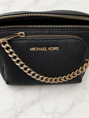Michael Kors Black Pebbled Leather Crossbody with Gold Chain Detail